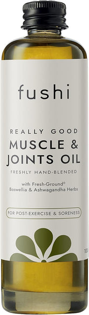 Fushi Muscle & Joints Oil bottle with label on a white background