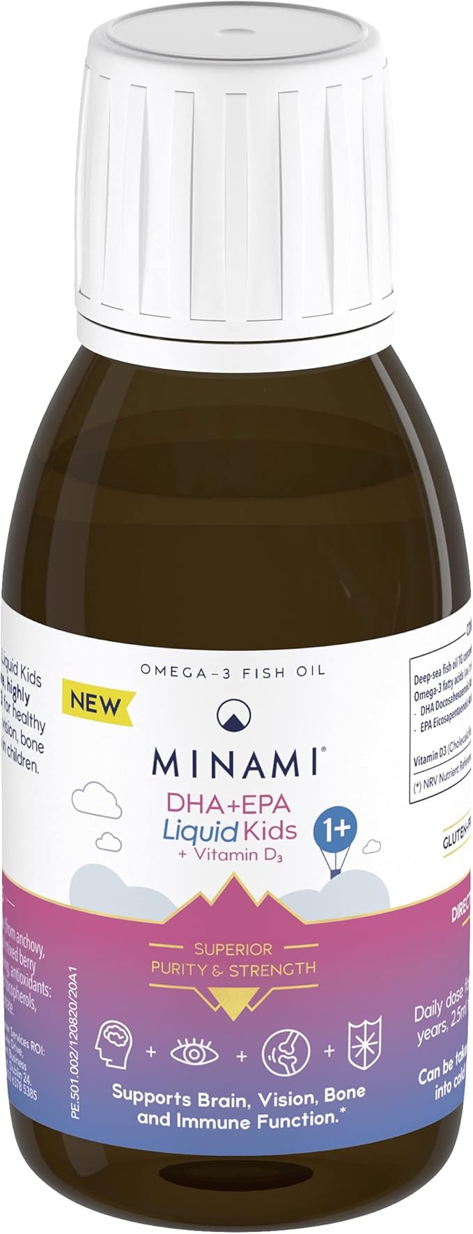 Minami DHA+EPA Liquid for Kids with Vitamin D3, 100ml bottle, natural berry and orange flavor.