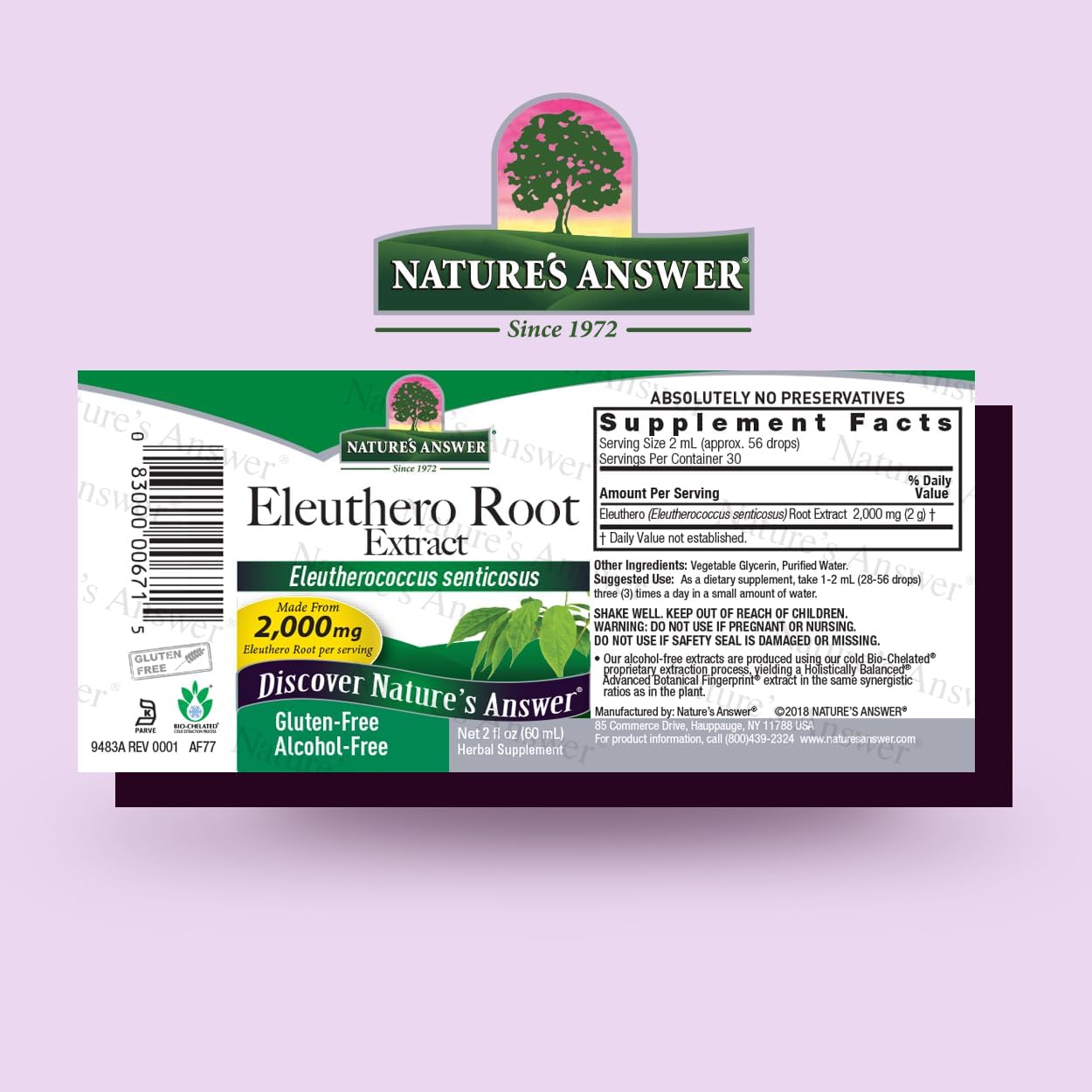 Nature's Answer Eleuthero Root Extract supplement label on a light purple background