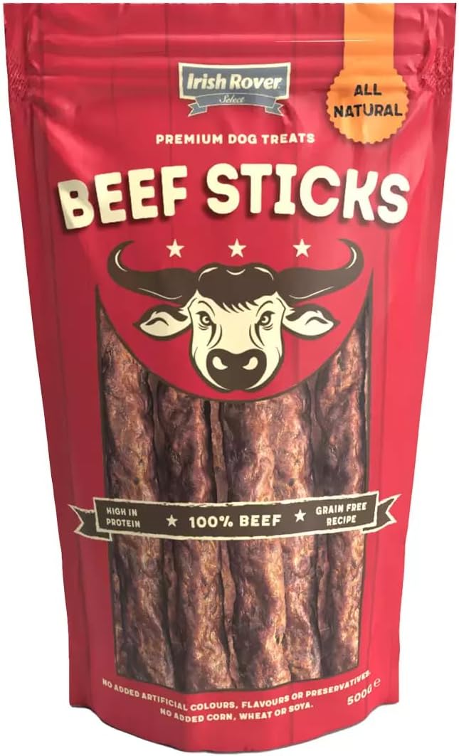 Irish Rover premium dog treats beef sticks 100 percent beef grain free resealable bag 500g