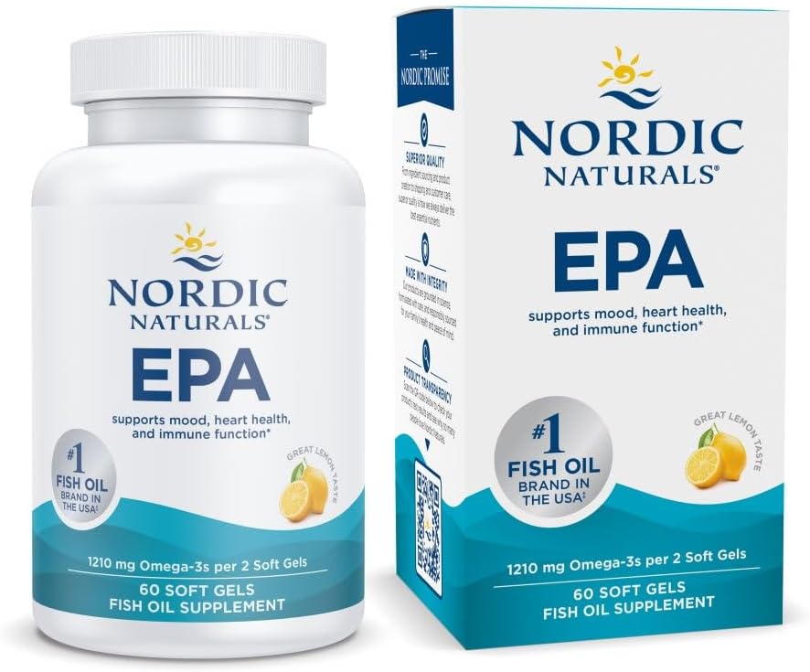 Nordic Naturals EPA Lemon high-potency omega-3 fish oil supplement bottle & box, 60 soft gels.