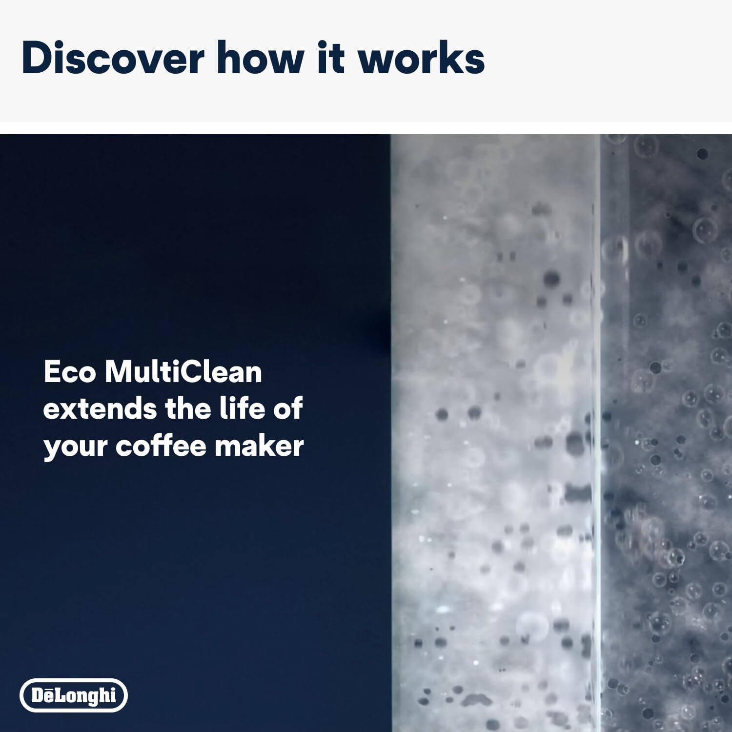 De'Longhi EcoDecalk Mini Coffee Machine Descaler, carton and liquid bottle packaging, unscented formula, 2 x 100ml, descaling directions