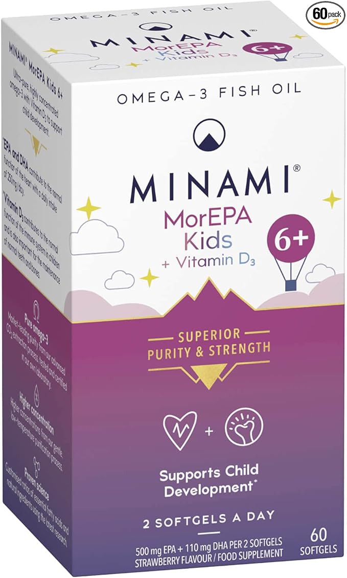Minami MorEPA Kids 6+ strawberry flavored omega-3 and vitamin D3 softgels, 60 count box.