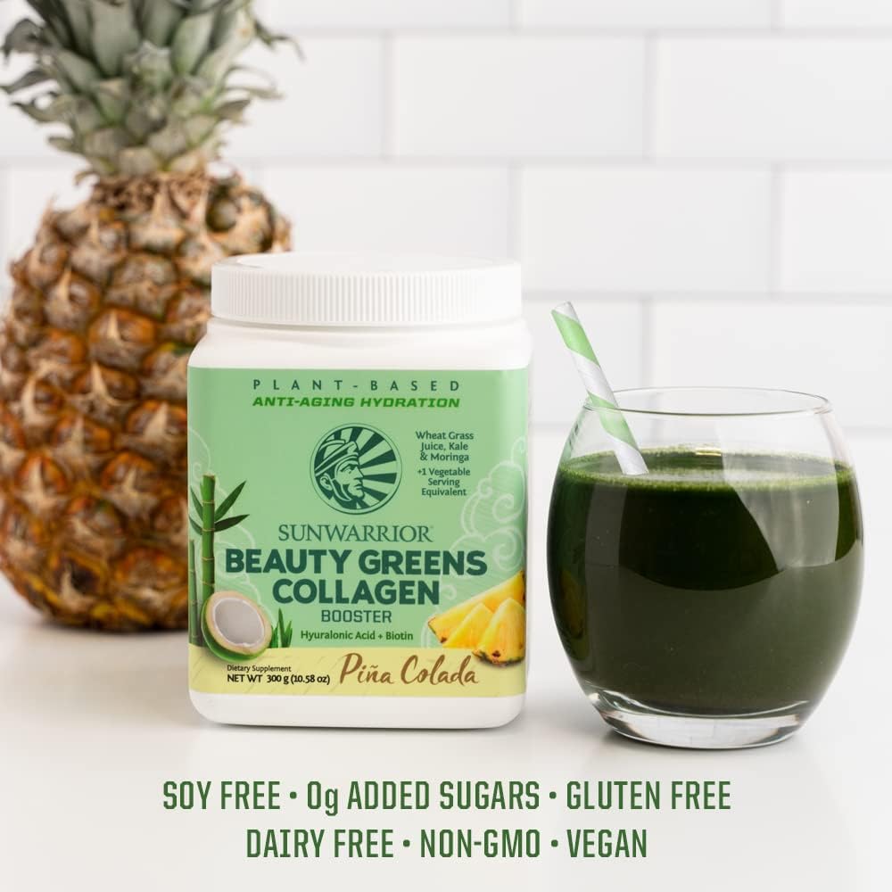 Sunwarrior Beauty Greens Collagen Superfood Drink next to a full glass