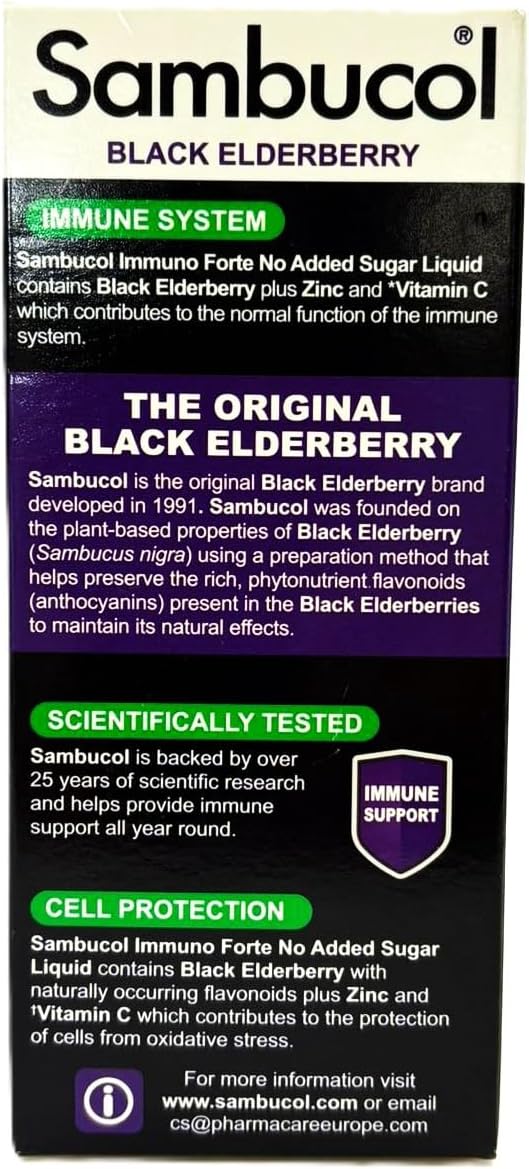 Sambucol Black Elderberry supplement packaging with text on a white background