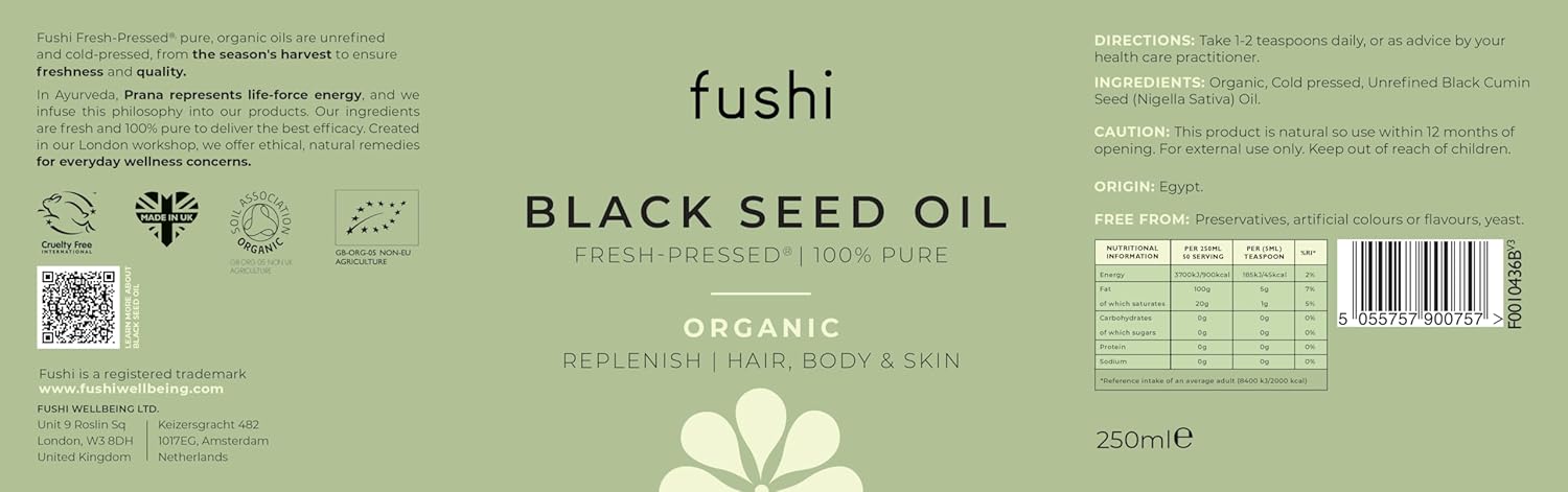 Fushi Black Seed Oil label with green background and text