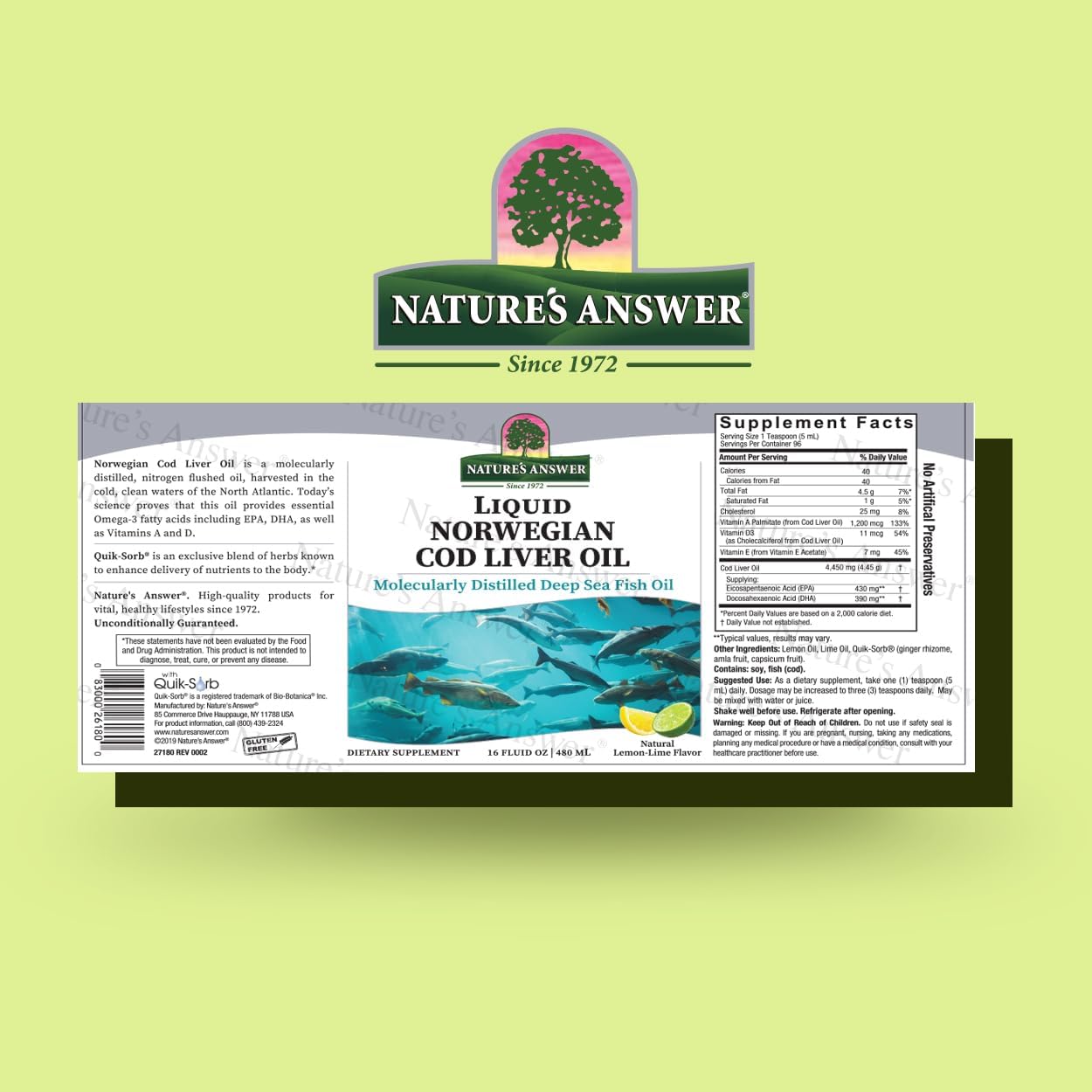 Nature's Answer Liquid Norwegian Cod Liver Oil label on a green background