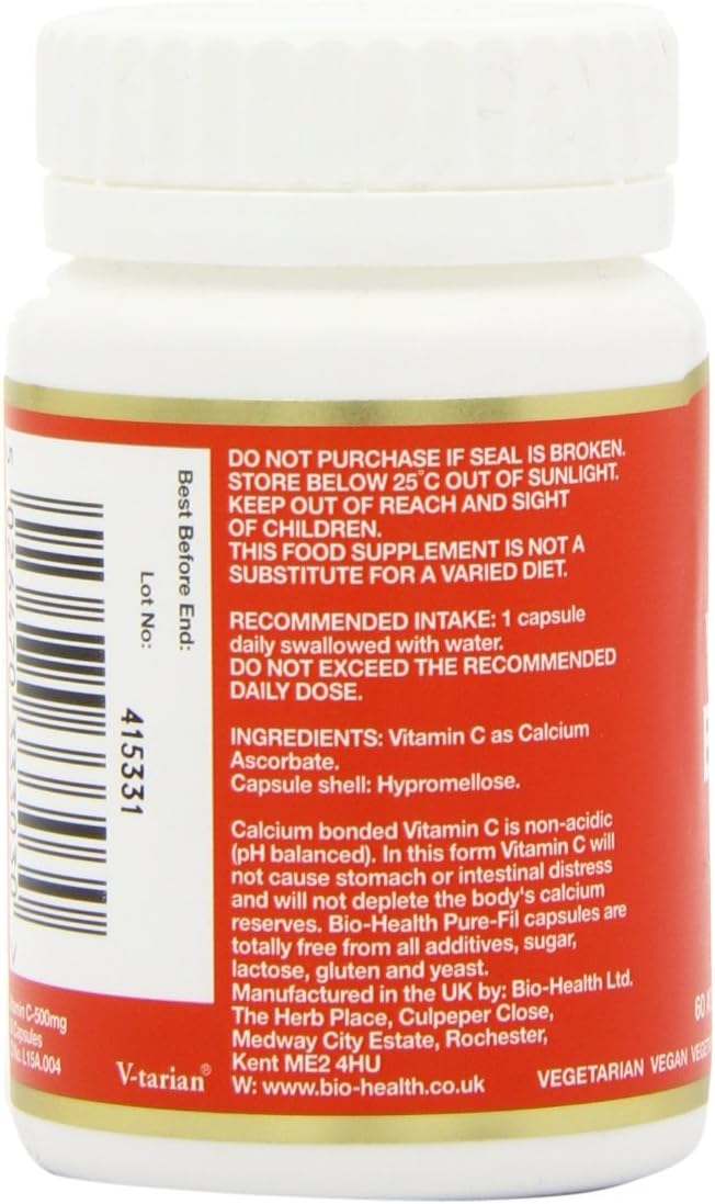 Bio-Health Buffered Vitamin C supplement facts capsules 500mg 60 capsules