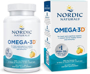Nordic Naturals Omega-3D with Vitamin D3 bottle & box, lemon soft gels, 60 count.