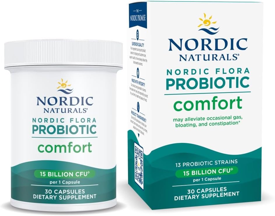 Nordic Flora Probiotic Comfort supplement bottle & box, 30 capsules, vegan probiotic.