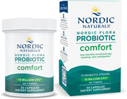 Nordic Flora Probiotic Comfort supplement bottle & box, 30 capsules, vegan probiotic.