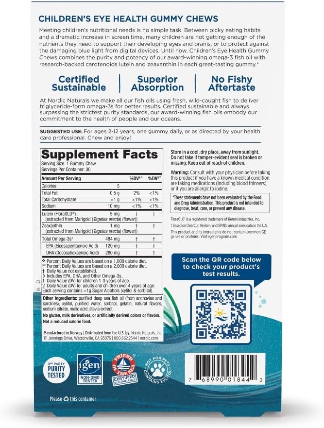 supplement facts for kids eye support formula.