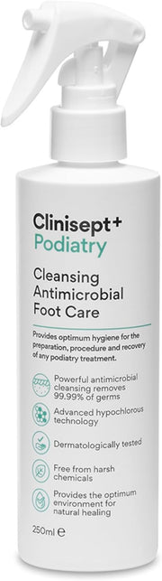 Clinisept+ Podiatry Foot Care Spray bottle, 250ml professional use.