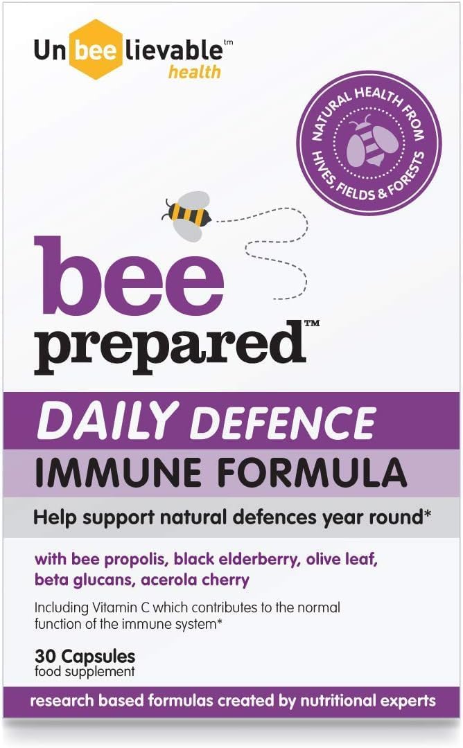 Unbeelievable Health Bee Prepared daily immune support supplement bottle, 30 capsules.