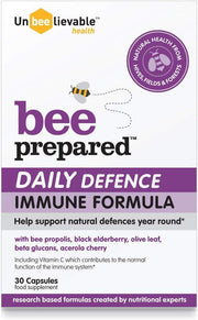 Unbeelievable Health Bee Prepared daily immune support supplement bottle, 30 capsules.