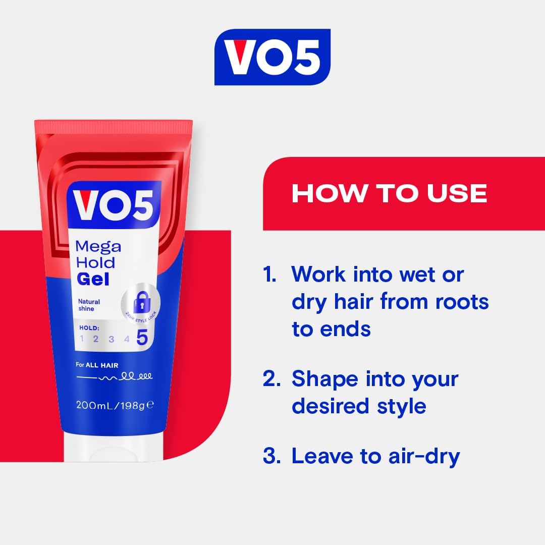 VO5 Mega Hold Hair Gel 50ml application guide for styling damp or dry hair