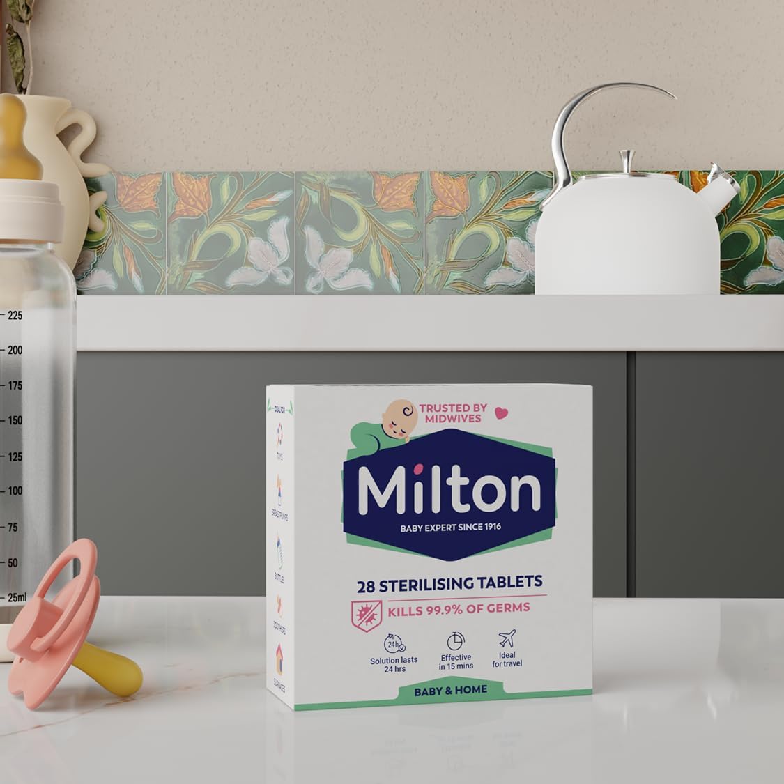 Box of Milton Baby 28 Sterilising Tablets by Welari on a white 