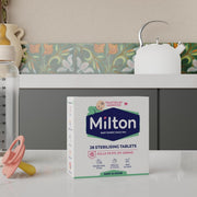Box of Milton Baby 28 Sterilising Tablets by Welari on a white 
