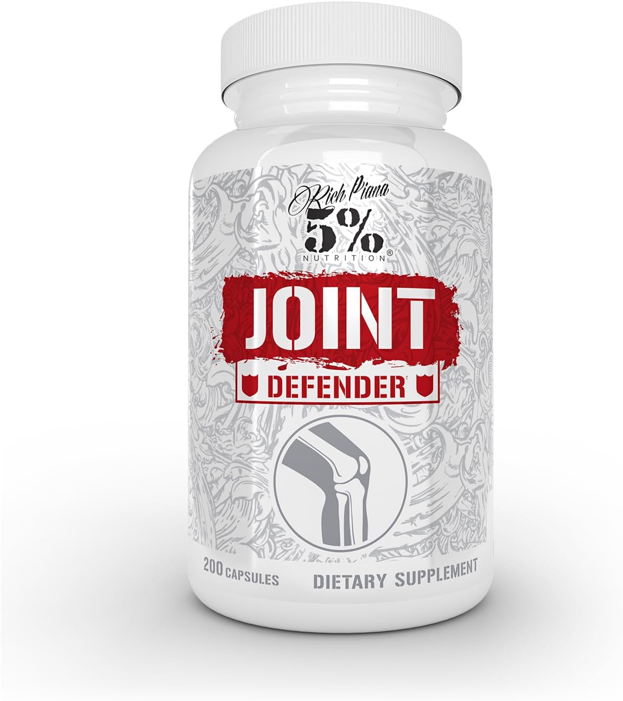 5% Nutrition Joint Defender supplement bottle, 200 capsules, on white background.