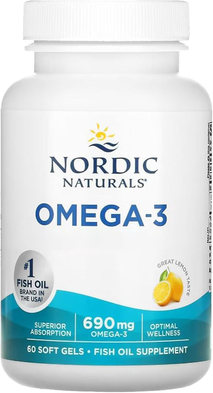 Nordic Naturals Omega-3 Lemon Flavoured Fish Oil 60 Softgels bottle.