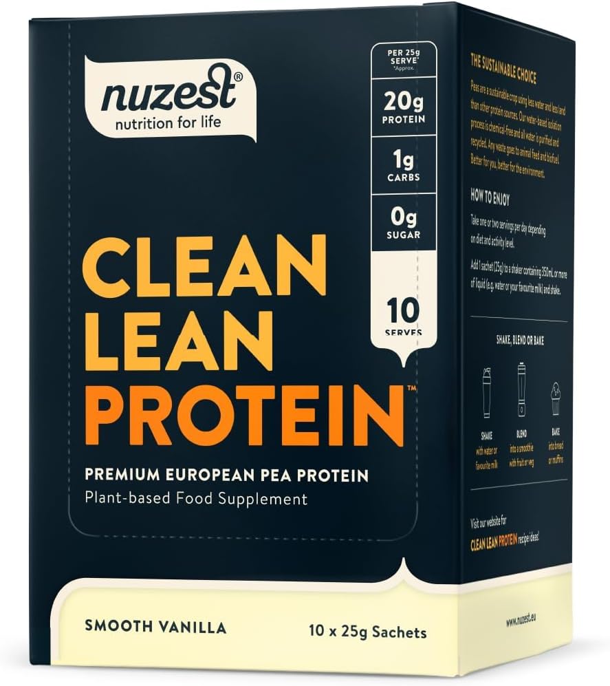 Box of Nuzest Clean Lean Vegan Protein Powder Vanilla, showing 10 sachets.