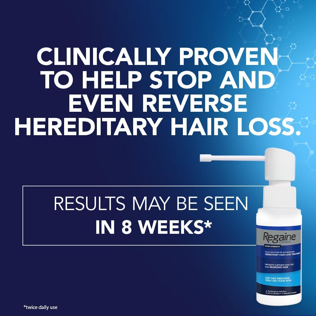 Regaine hair loss treatment bottle with promotional text on a blue background
