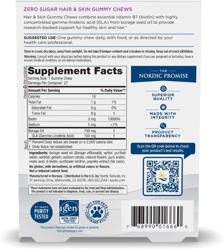 supplement facts for Nordic Naturals Biotin and Borage Oil gummies.