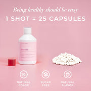 Collagen supplement bottle with capsules and text on a pink background