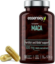 Essensey Maca Root Extract bottle, 90 vegan capsules, on a neutral background.