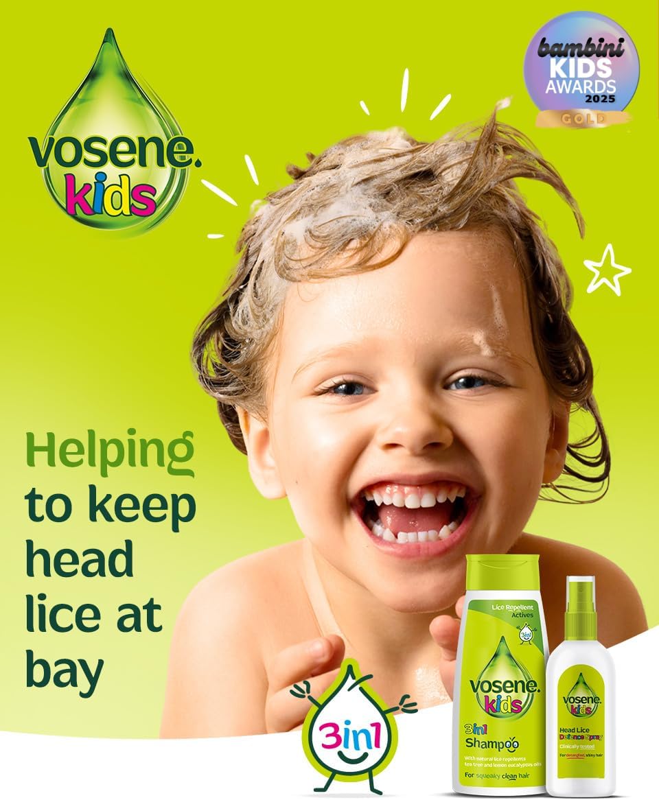 Vosene Kids Head Lice Defence Spray, spray bottle packaging, Apple & Lemon fragrance, 150ml, children's haircare use
