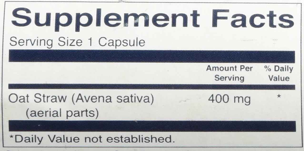 Supplement label with oat straw information on a white background