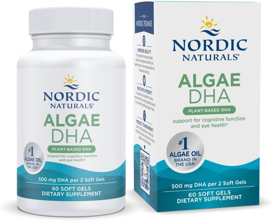 Nordic Naturals Algae DHA vegan softgel bottle & box - 60 softgels, on white background.