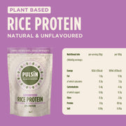 Nutritional information and ingredients for Pulsin Rice Protein.
