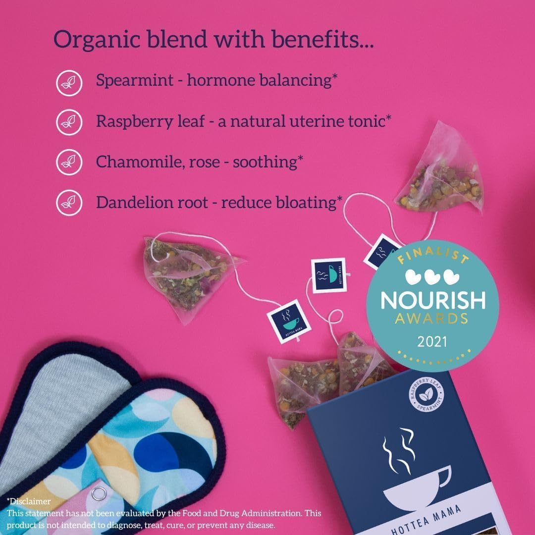 Benefits Image: Hottea Mama herbal tea ingredients spearmint raspberry leaf 14 bags