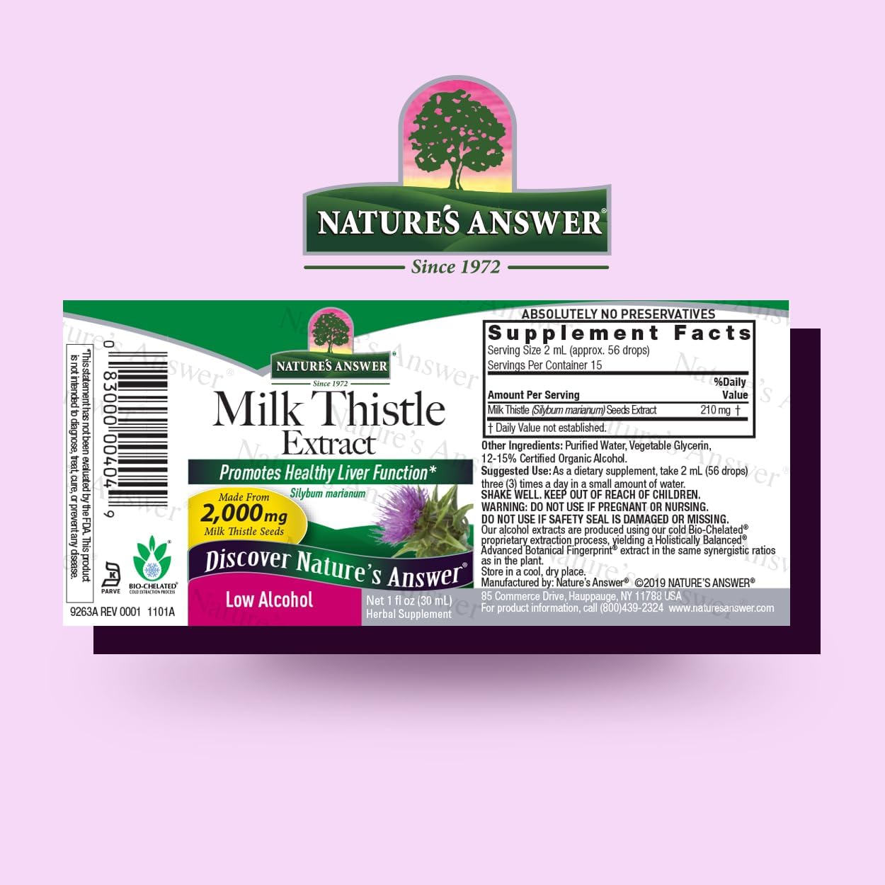 Natures Answer Milk Thistle Extract supplement label on a pink background