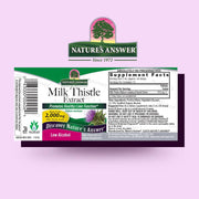 Natures Answer Milk Thistle Extract supplement label on a pink background