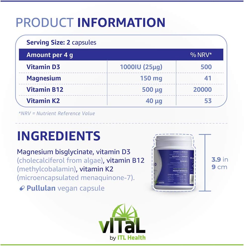 Supplement facts and ingredient list for MAG365 Vitamin D Plus.