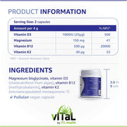 Supplement facts and ingredient list for MAG365 Vitamin D Plus.