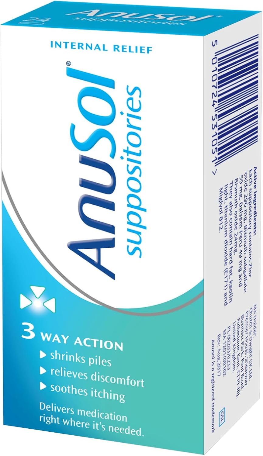 Sealed pack of Anusol Suppositories, 24 count box, on a clean background.