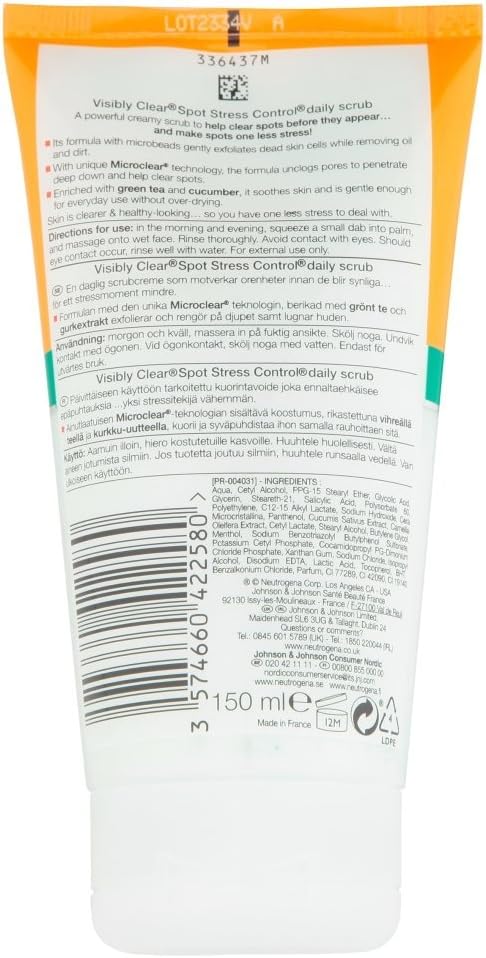 ack label of Neutrogena Daily Scrub tube showing ingredients list, barcode and instructions.