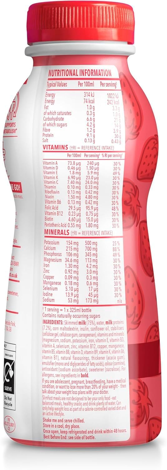 SlimFast Strawberry Ready To Drink shake ingredients label bottle 325ml