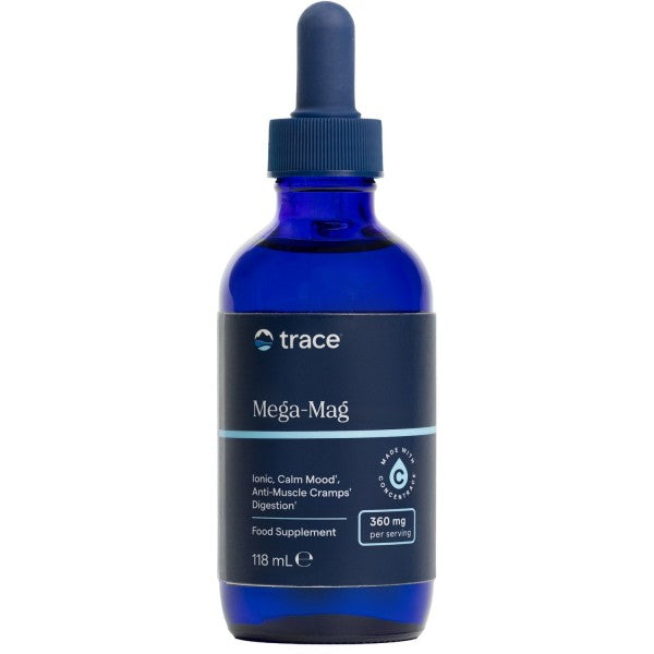 Blue glass bottle with dropper labeled 'trace Mega-Mag' on a white background