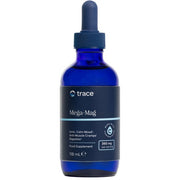 Blue glass bottle with dropper labeled 'trace Mega-Mag' on a white background