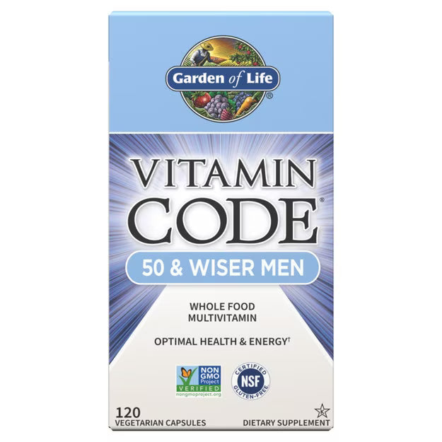 Garden of Life Vitamin Code Raw Multivitamin for Men 50 Plus box, 120 capsules.