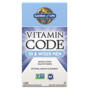 Garden of Life Vitamin Code Raw Multivitamin for Men 50 Plus box, 120 capsules.