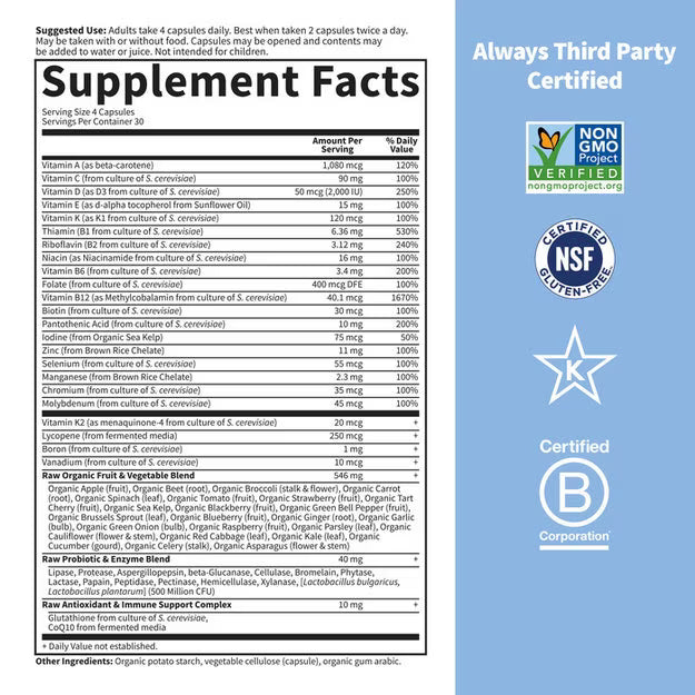 Supplement facts panel and ingredient list for Vitamin Code Men's multivitamin.
