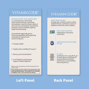 Supplement facts panel and back label 
 ingredient list for Vitamin Code Men's multivitamin.