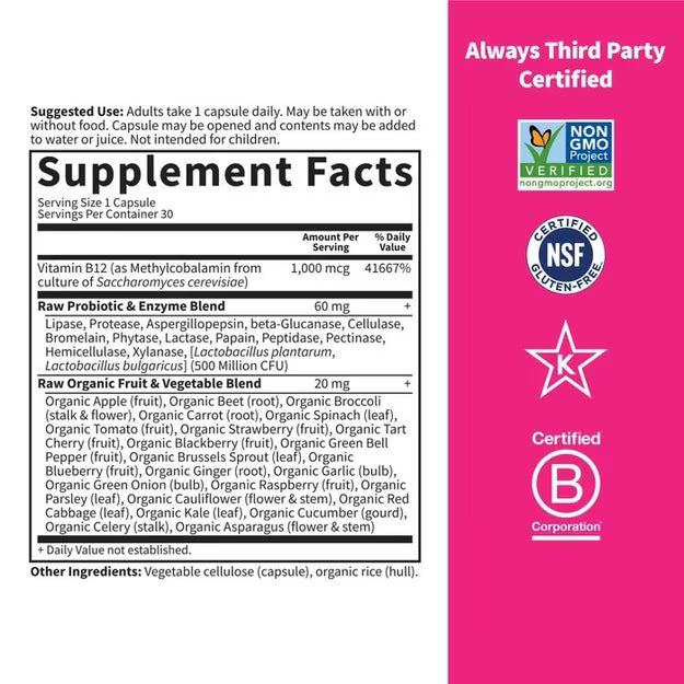  Supplement facts and ingredient list for Raw B-12 vitamin.