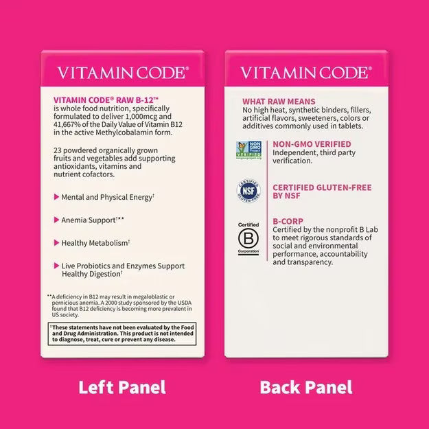  Supplement facts and ingredient list for Raw B-12 vitamin.