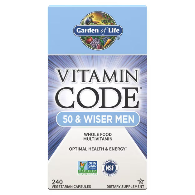 Garden of Life Vitamin Code Raw Multivitamin for Men 50 Plus box, 240 capsules.